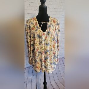 Old Navy Floral Tie-Front Peasant Tunic - Cream with Blue & Pink Botanicals
